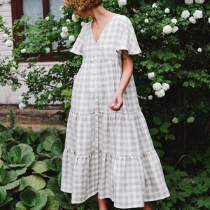 OffOn Tiered Maxi Dress - natural gingham linen, size M